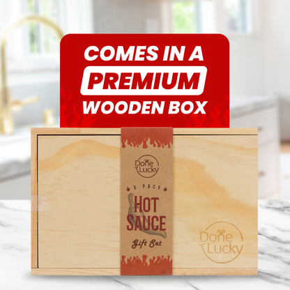 Hot Sauce Gift Set (6 Pack) - Hot Sauce Variety Pack in Premium Wooden Box