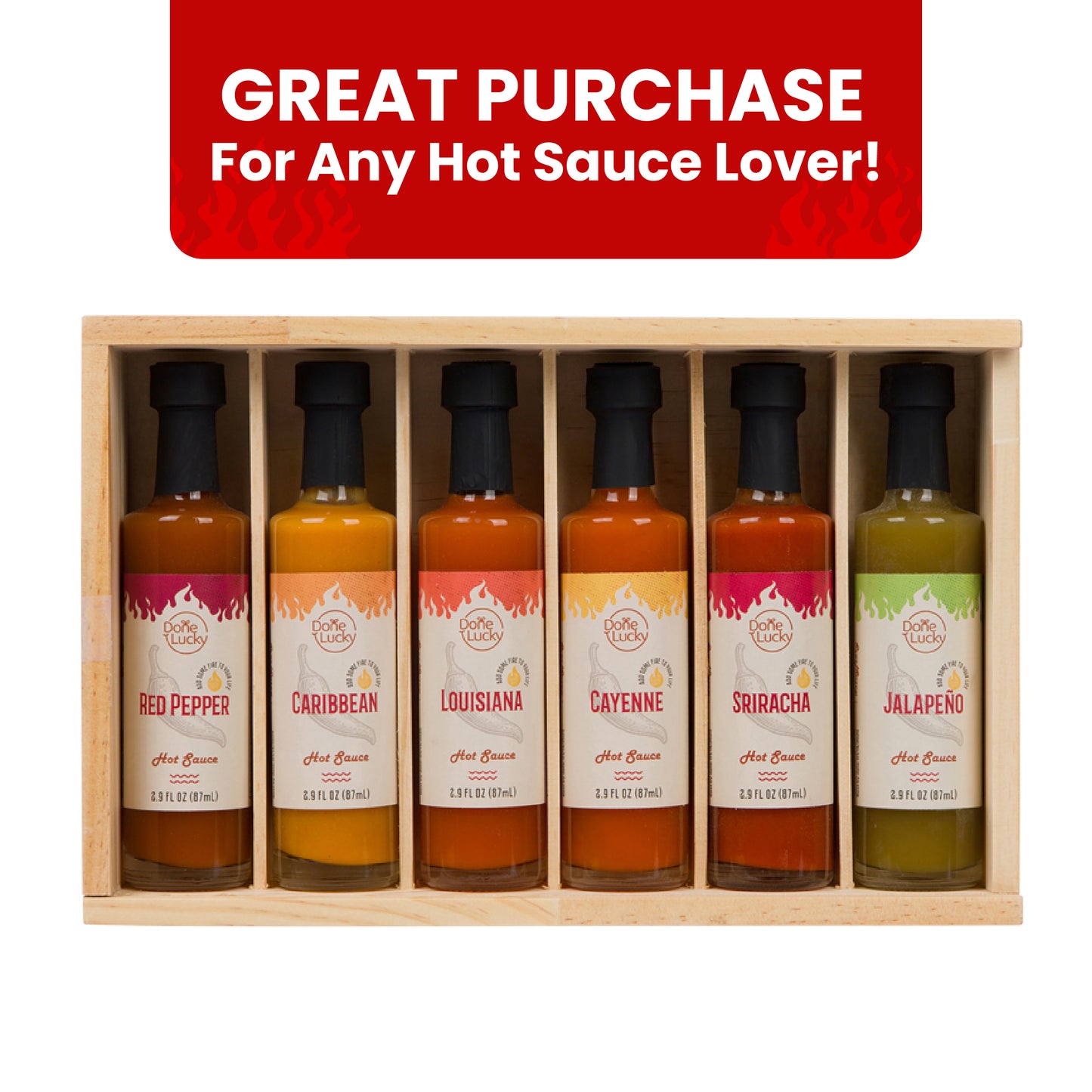 Hot Sauce Gift Set (6 Pack) - Hot Sauce Variety Pack in Premium Wooden Box